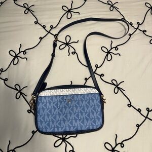 Michael Kors Blue and White Crossbody Bag with Monogram Print